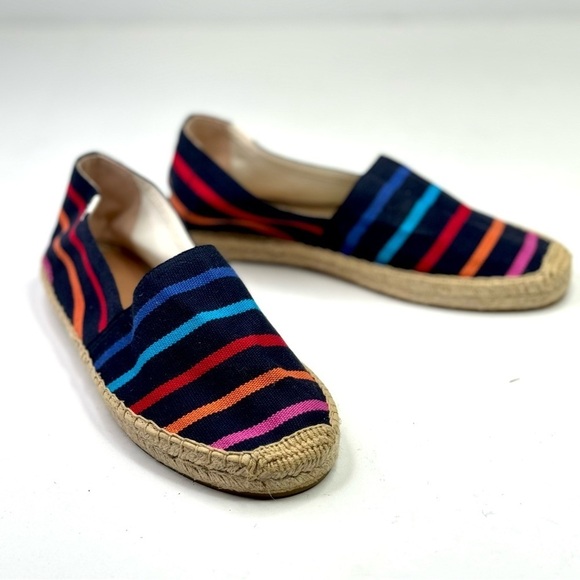Soludos The Dali rainbow striped espadrilles navy background recycled cotton 9 - Picture 1 of 9